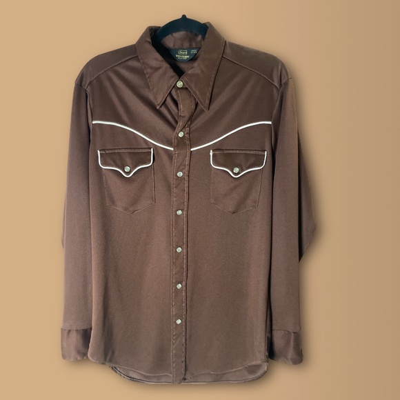 SEARS & ROBUCK Vntg Poly 70s Western Pearl Button Shirt Sz. Large 16-16.5 Brown - Picture 1 of 8